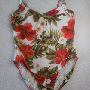 Ocean Pacific | Tropical Red Orange Flower Swimsuit Tank Cut Modest Back | 14